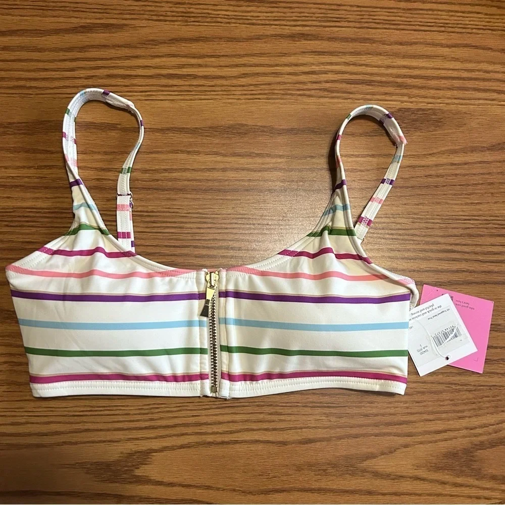NWT Kate Spade NY Women's Striped Multicolor Zip-Front Bikini Top Padded Size S